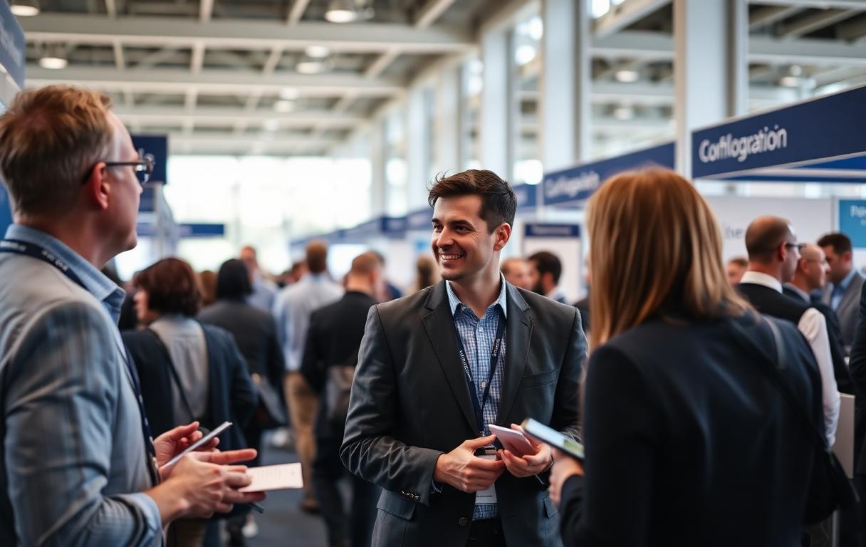 Freight forwarders networking at a logistics conference